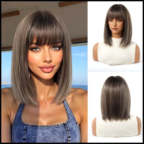 Synthetic Bob Wig with Bangs Shoulder Length Straight Layered Daily Wear main image 4
